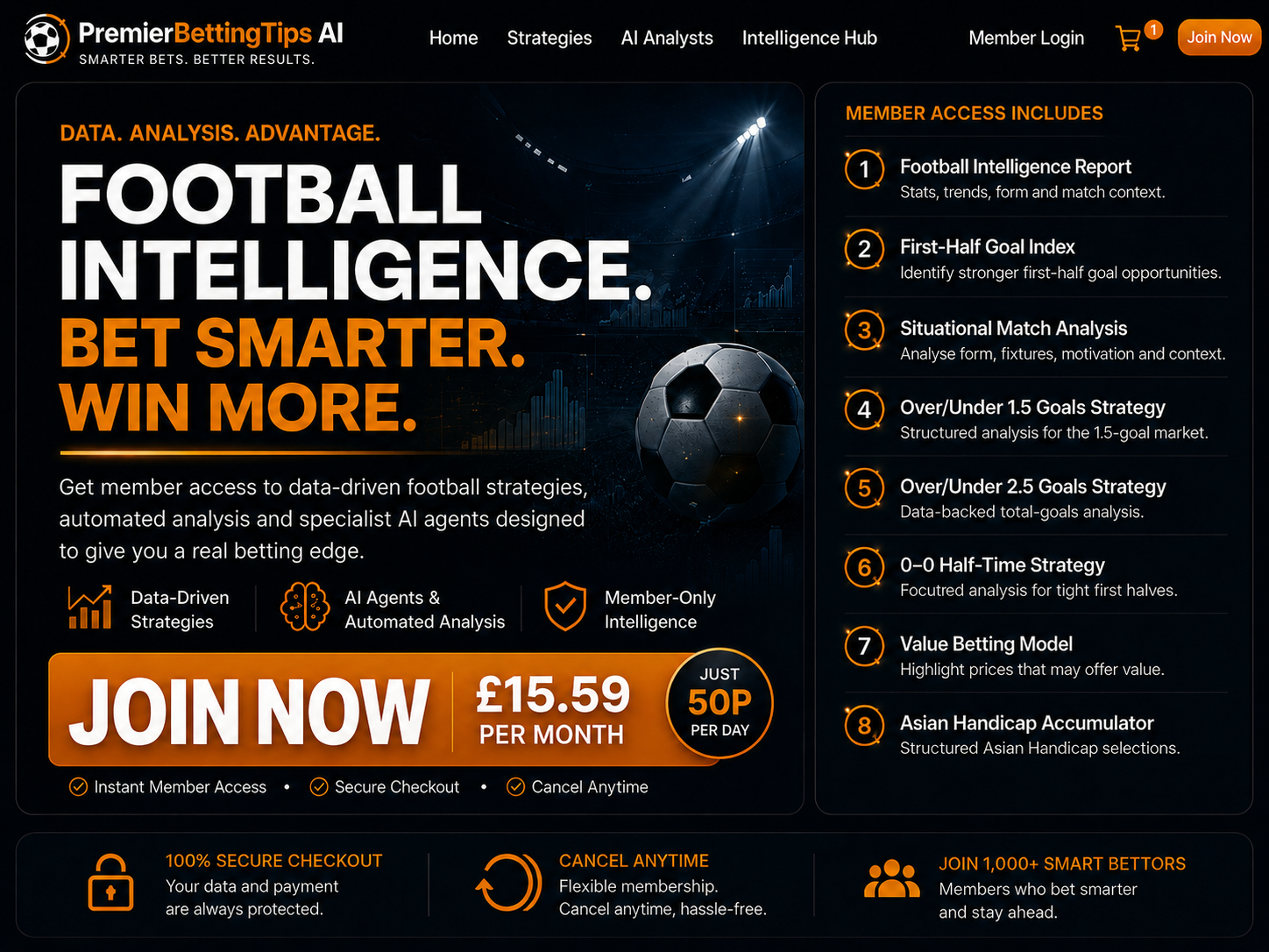 Premier Betting Tips football intelligence membership benefits and Join Now promotion