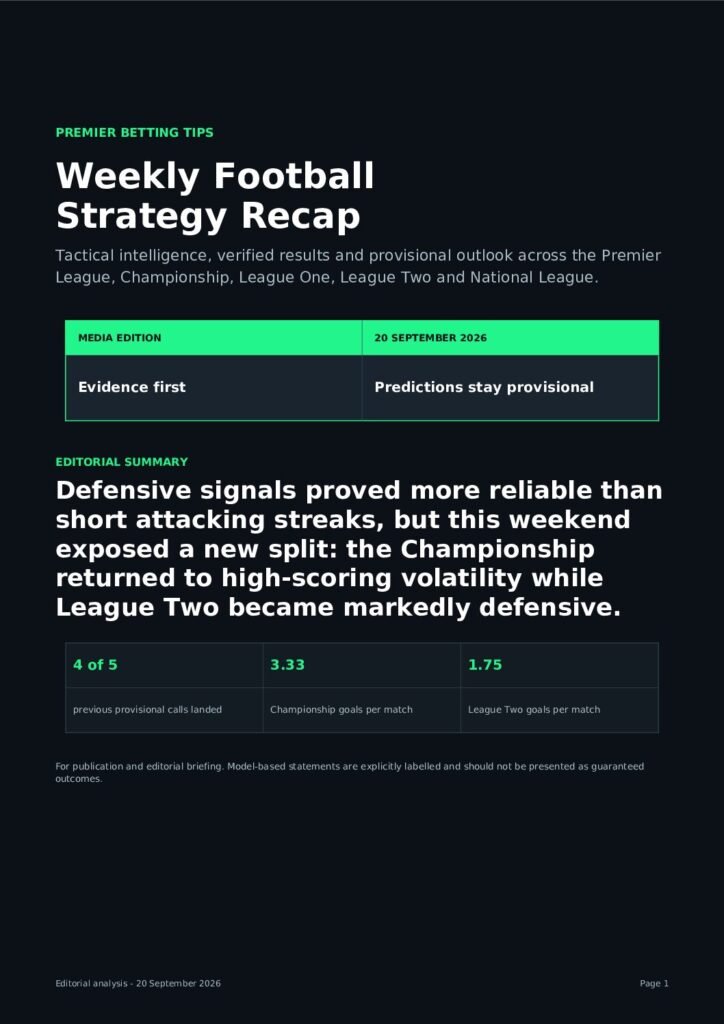 Cover of the Premier Betting Tips Weekly Football Media Recap for 20 September 2026