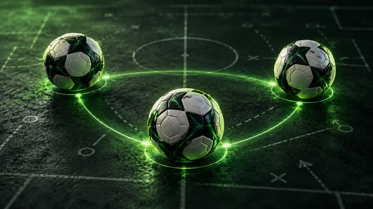 Football Accumulator Strategy: Selection, Value and Risk Three footballs connected by green light trails on a tactical pitch surface.