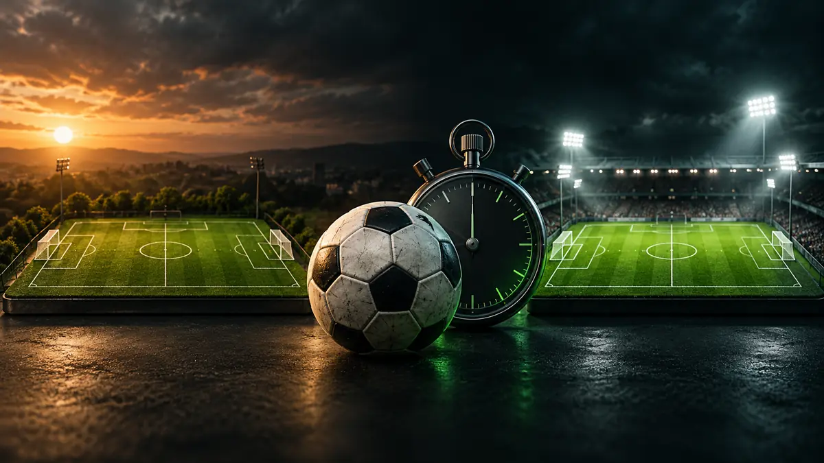 Football and stopwatch between two model pitches under different lighting.